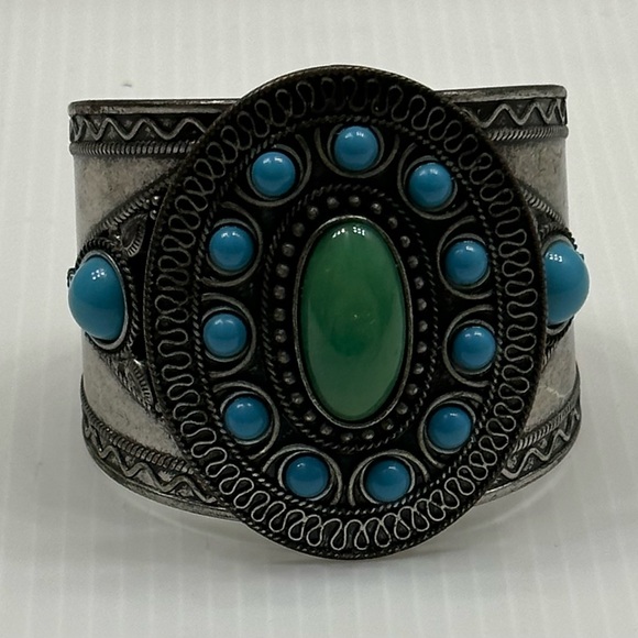 Faux Turquoise Stones Cuff Bracelet with Viking Theme - Picture 2 of 11